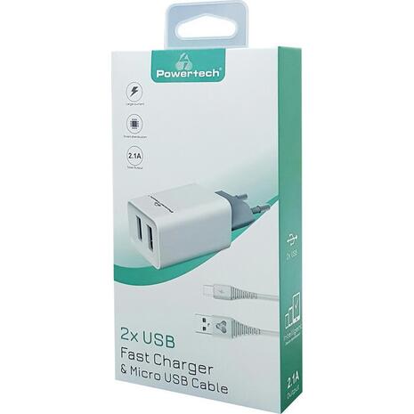 Φορτιστής τοίχου POWERTECH & καλώδιο Micro USB PT-775, 2x USB, 2.1A